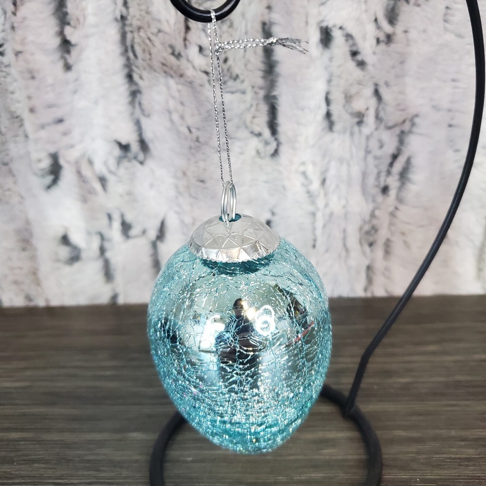 Crackle Glass Iridescent Light Blue Christmas Holiday Ornament 3.5" Heavy‎